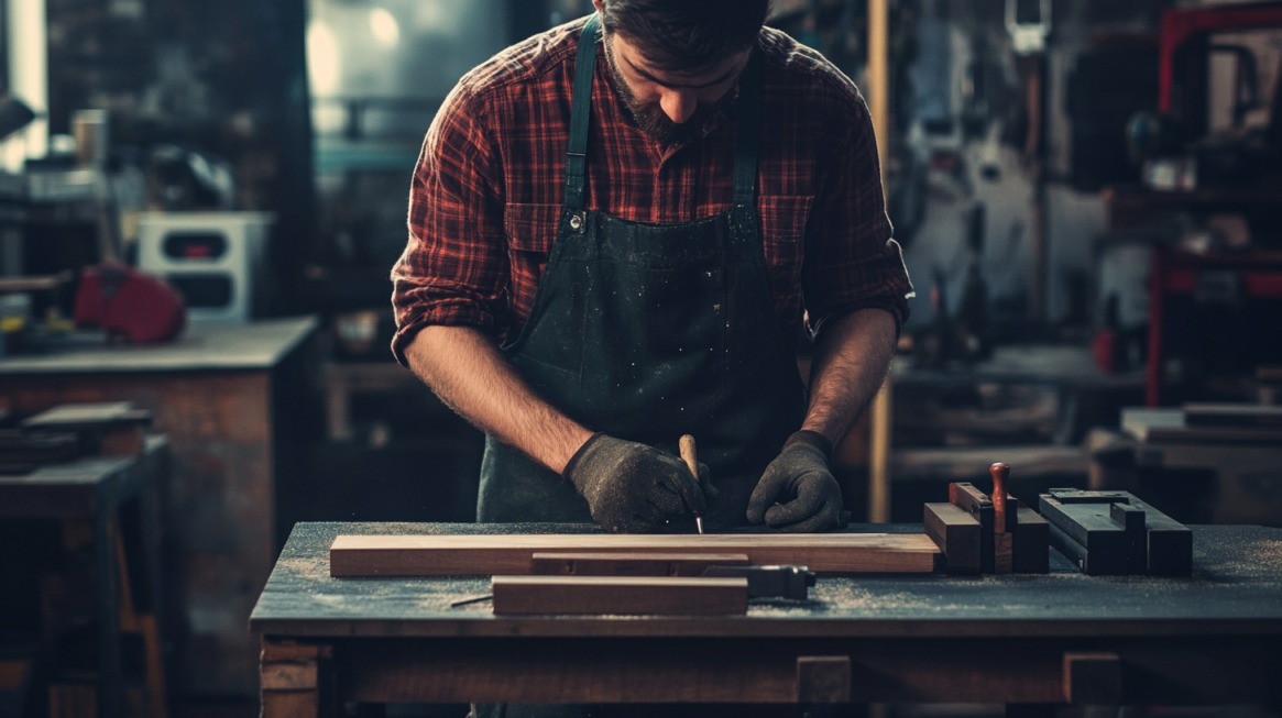 A woodworker wearing a plaid shirt and apron carefully carving a piece of wood in a workshop filled with tools and wooden materials