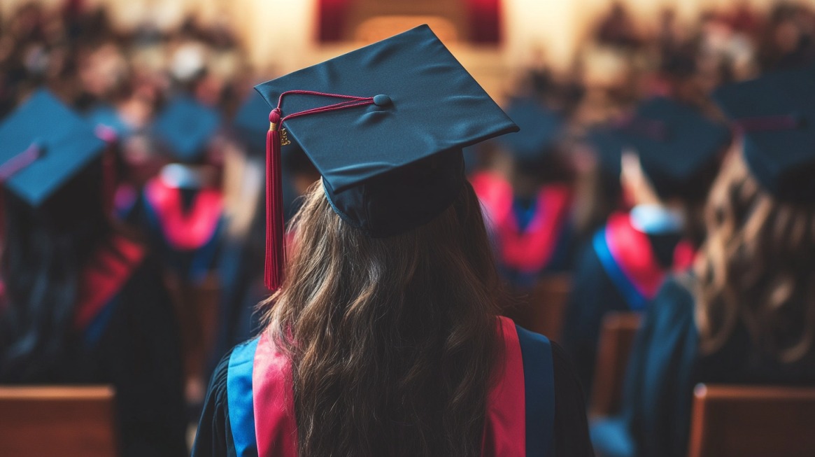 A graduate in a black cap and gown with a red tassel sits among fellow graduates at a commencement ceremony